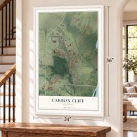 Carbon Cliff, Illinois map, 24 x 36 inch print in a white frame by a staircase