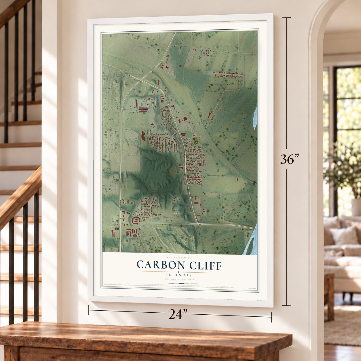 Carbon Cliff, Illinois map, 24 x 36 inch print in a white frame by a staircase