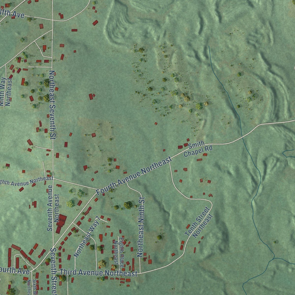 Second close-up of the map of Carbon Hill, Alabama print showing more streets and buildings