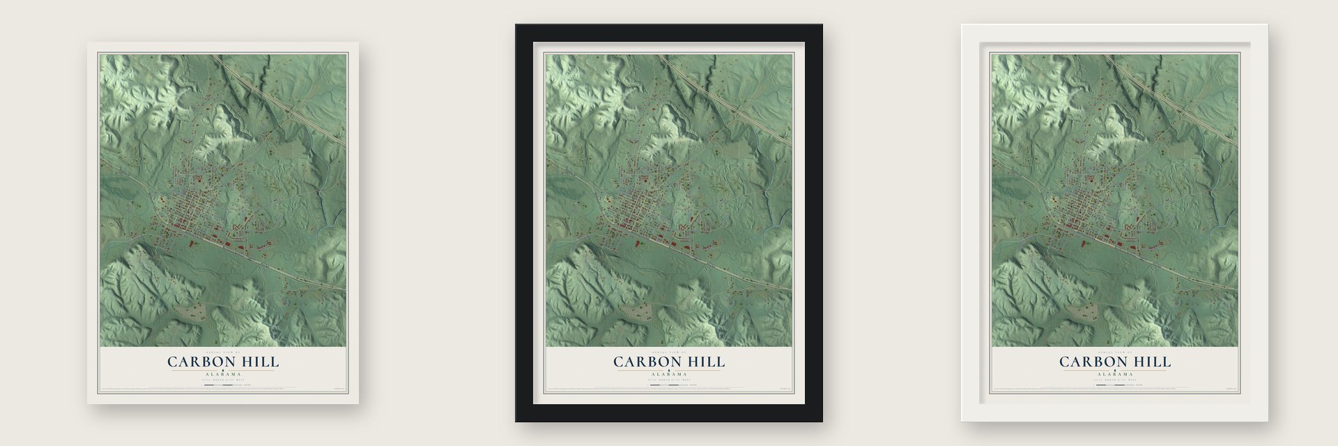 Carbon Hill, Alabama map unframed, in a black wood frame and in a white wood frame