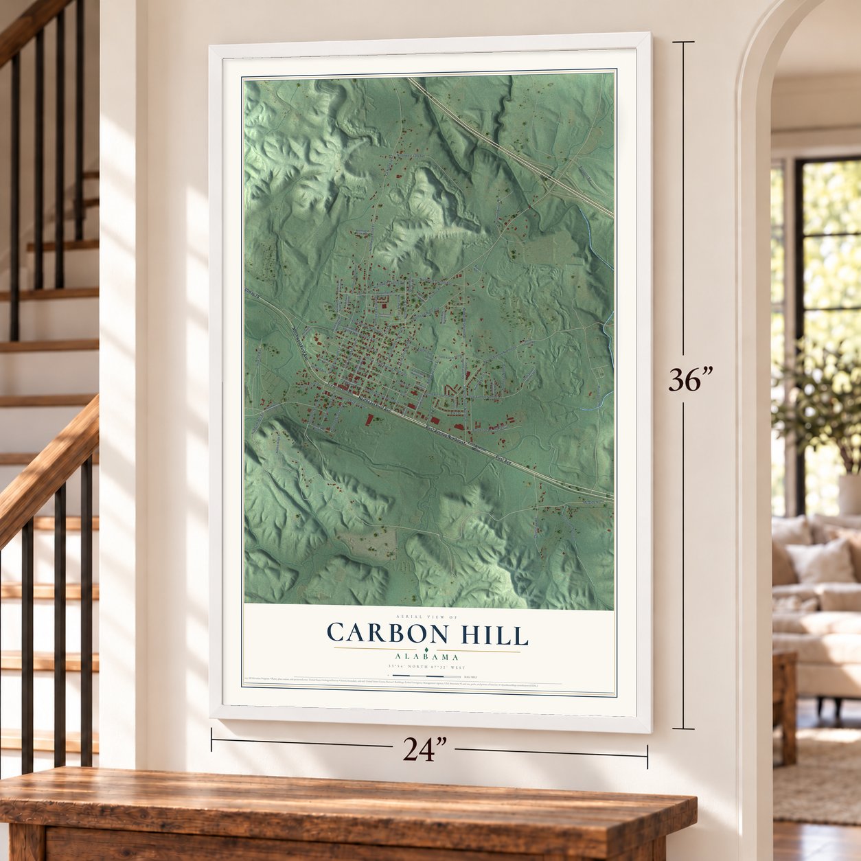 Carbon Hill, Alabama map, 24 x 36 inch print in a white frame by a staircase