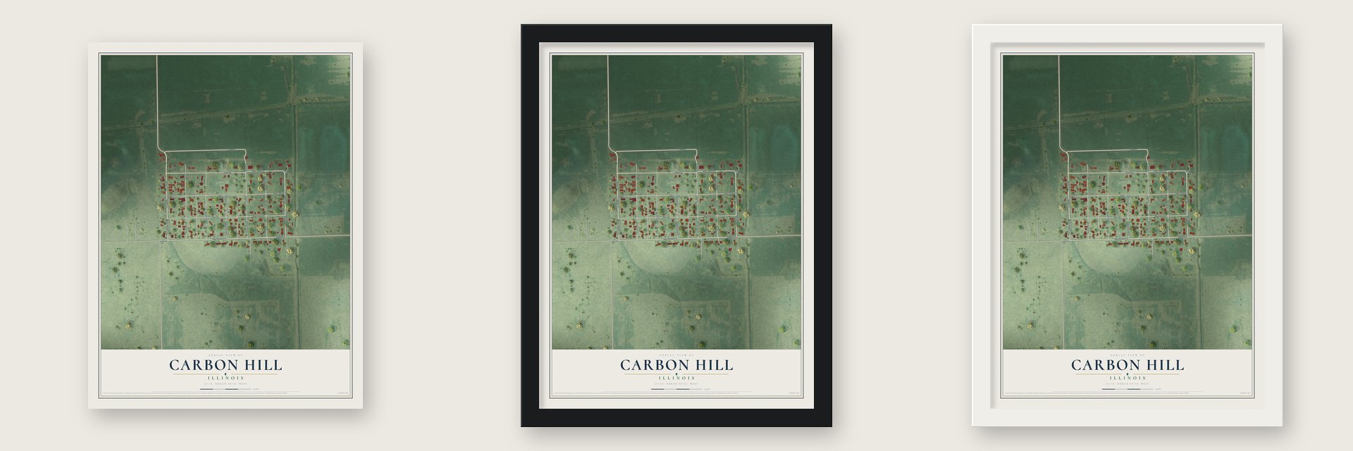 Carbon Hill, Illinois map unframed, in a black wood frame and in a white wood frame