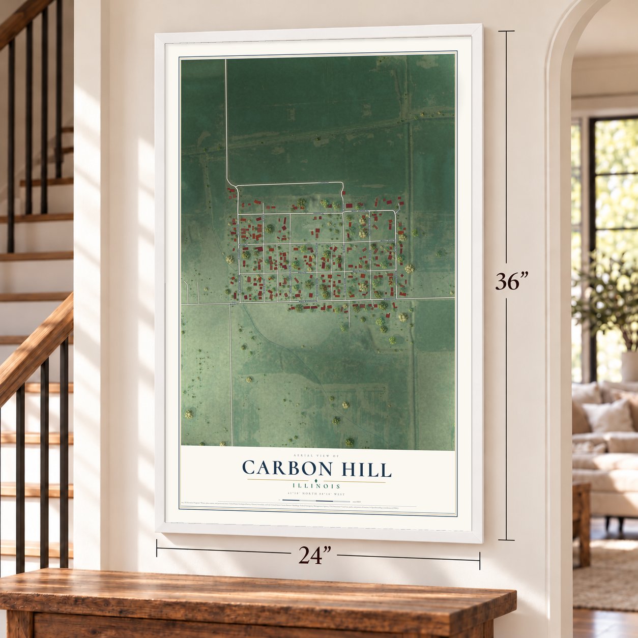 Carbon Hill, Illinois map, 24 x 36 inch print in a white frame by a staircase