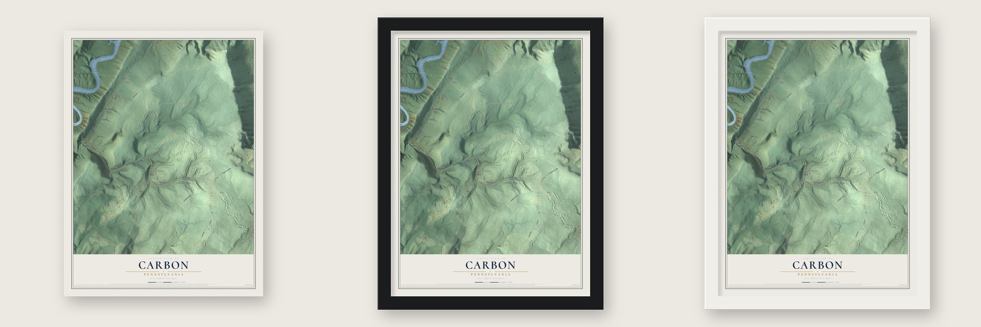 Carbon, Pennsylvania map unframed, in a black wood frame and in a white wood frame