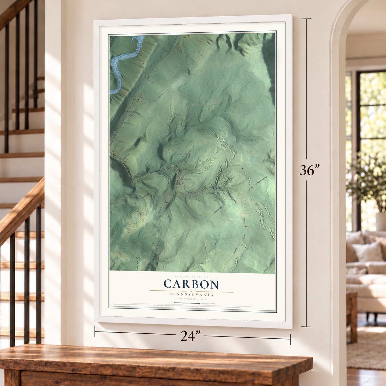 Carbon, Pennsylvania map, 24 x 36 inch print in a white frame by a staircase