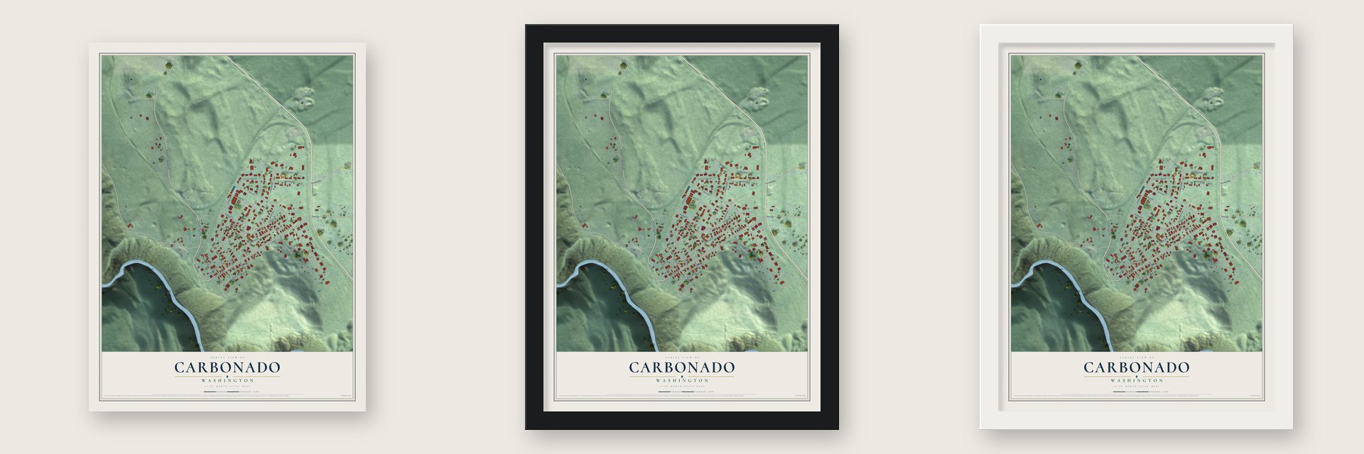 Carbonado, Washington map unframed, in a black wood frame and in a white wood frame