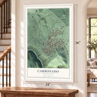 Carbonado, Washington map, 24 x 36 inch print in a white frame by a staircase