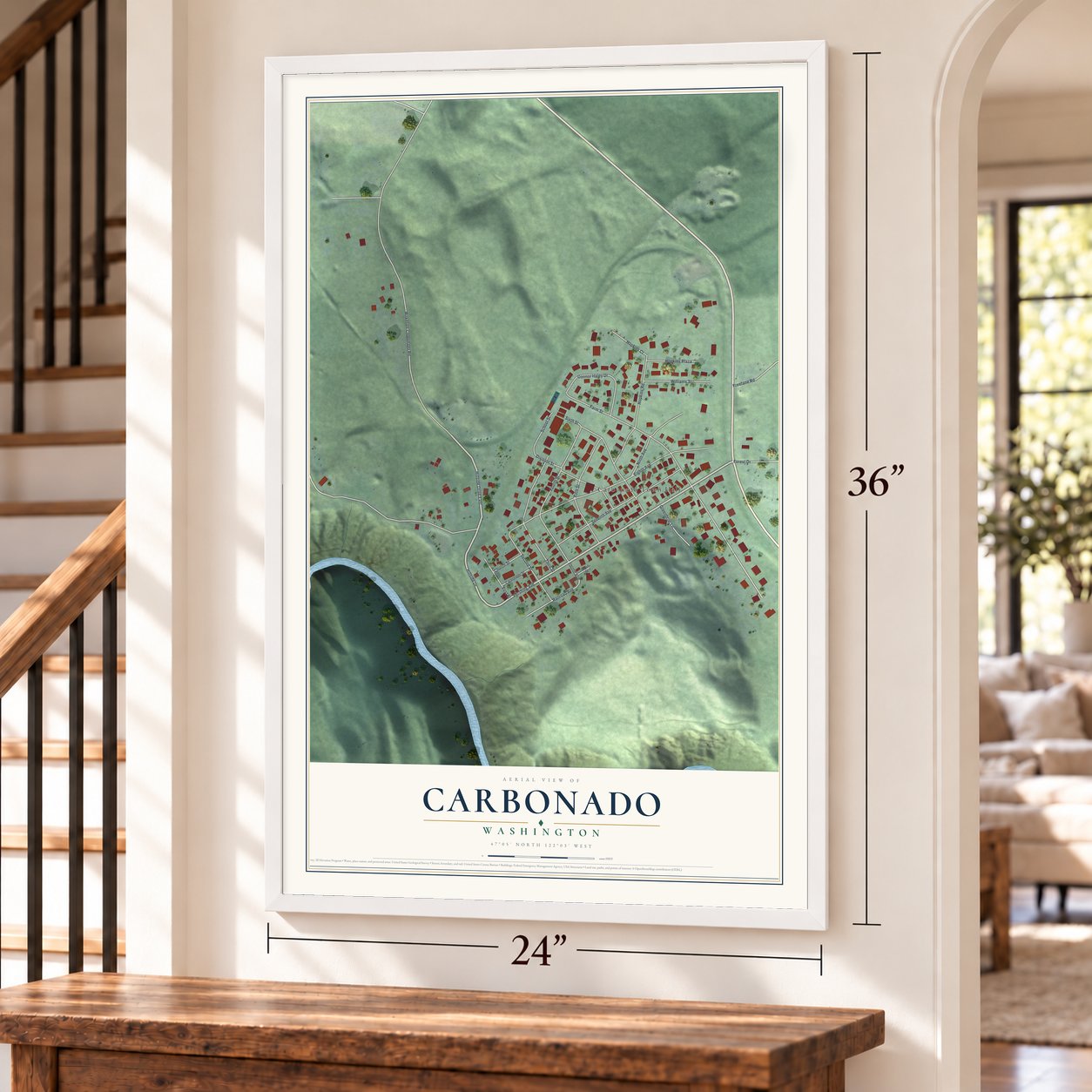 Carbonado, Washington map, 24 x 36 inch print in a white frame by a staircase