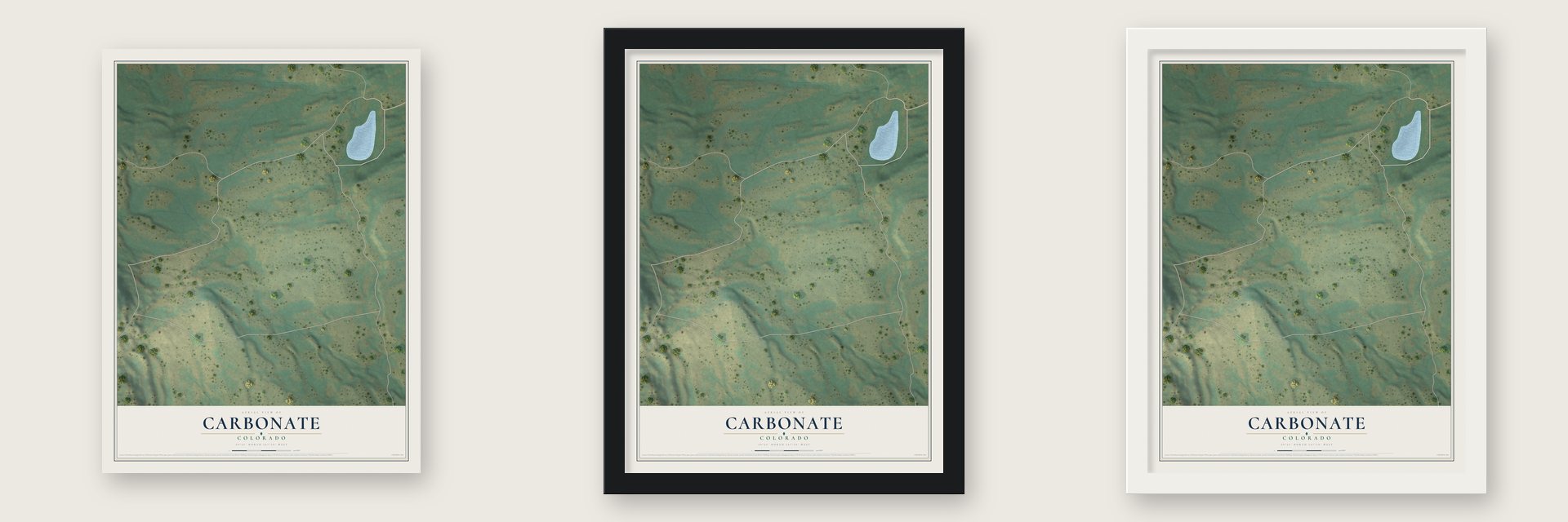 Carbonate, Colorado map unframed, in a black wood frame and in a white wood frame