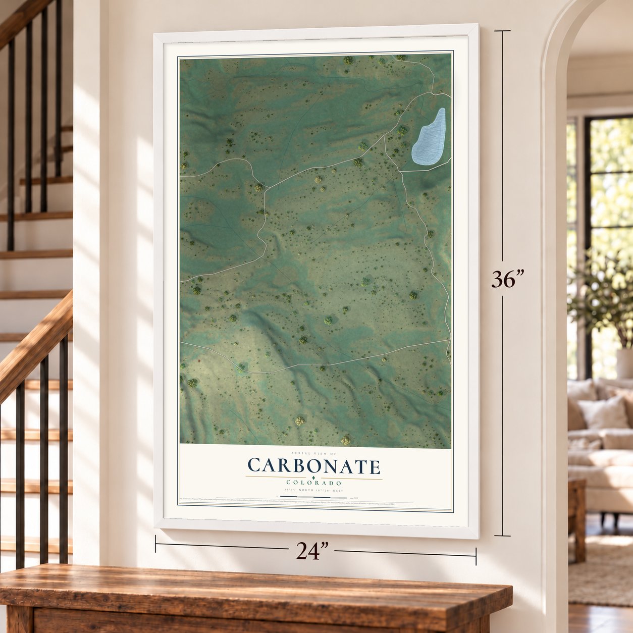 Carbonate, Colorado map, 24 x 36 inch print in a white frame by a staircase