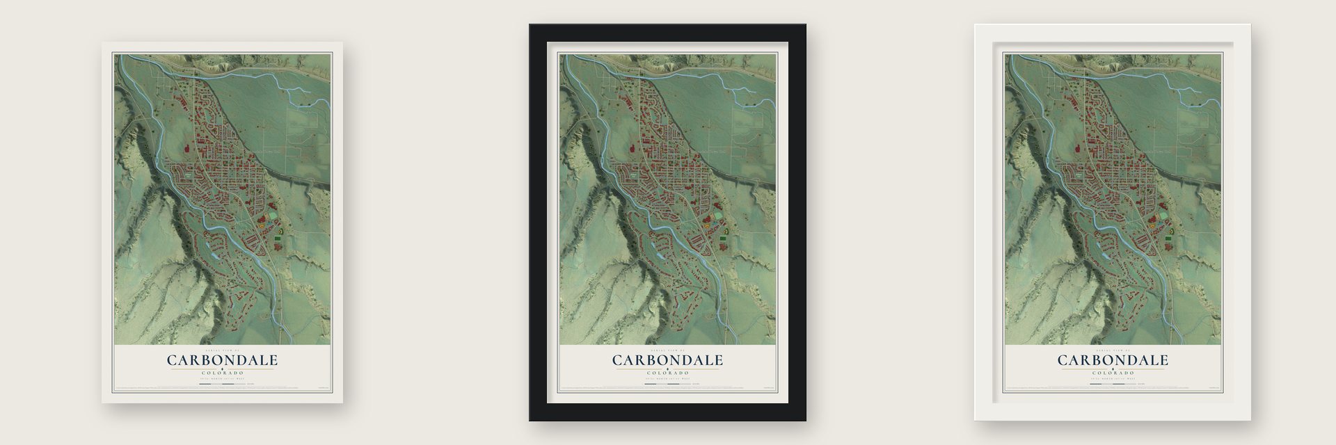 Carbondale, Colorado map unframed, in a black wood frame and in a white wood frame