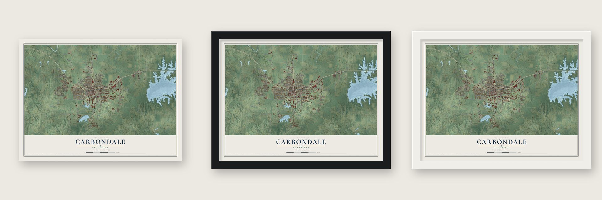 Carbondale, Illinois map unframed, in a black wood frame and in a white wood frame