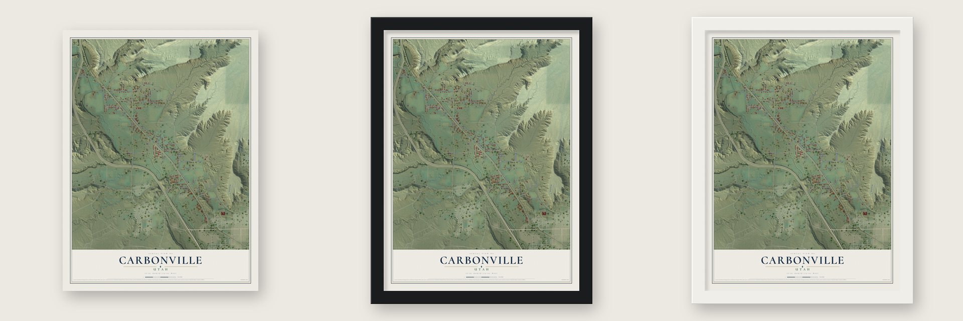Carbonville, Utah map unframed, in a black wood frame and in a white wood frame