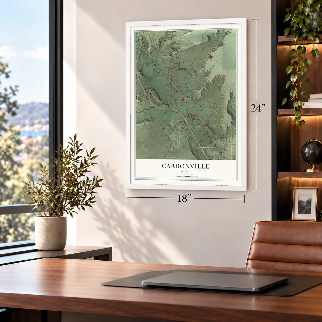 Carbonville, Utah map, 18 x 24 inch print in a white frame in a home office