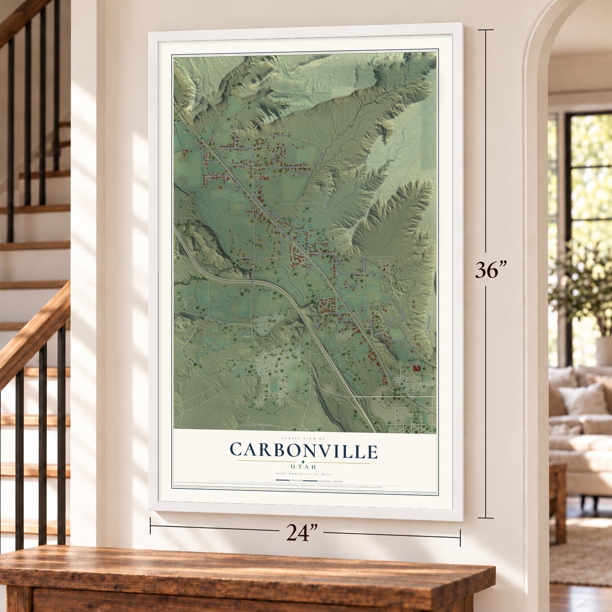 Carbonville, Utah map, 24 x 36 inch print in a white frame by a staircase