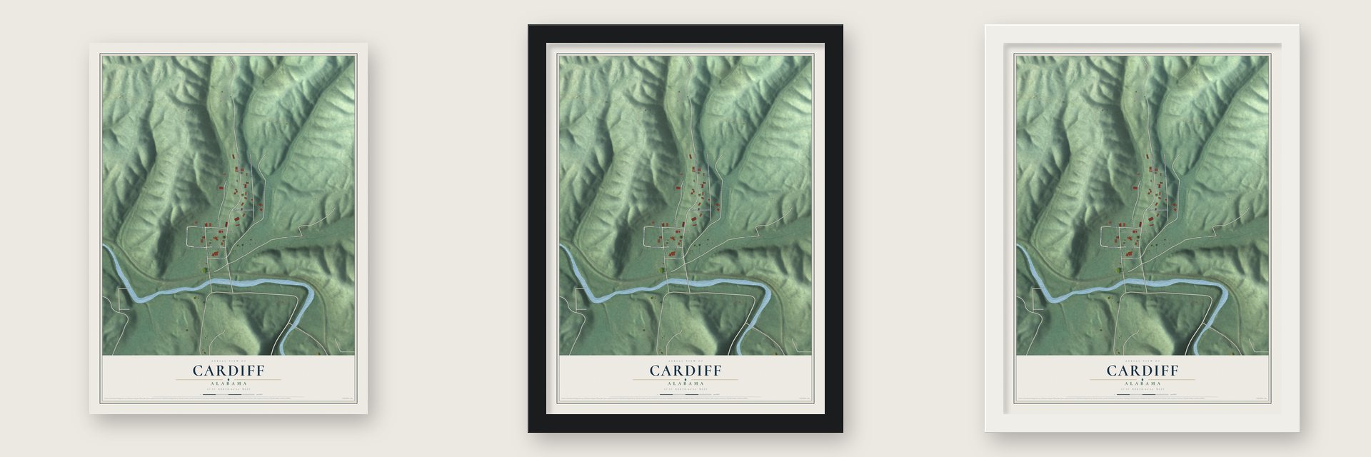 Cardiff, Alabama map unframed, in a black wood frame and in a white wood frame