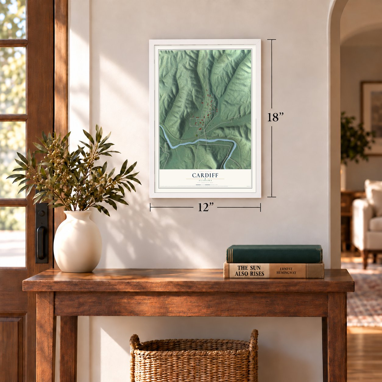 Cardiff, Alabama map, 12 x 18 inch print in a white frame in an entryway