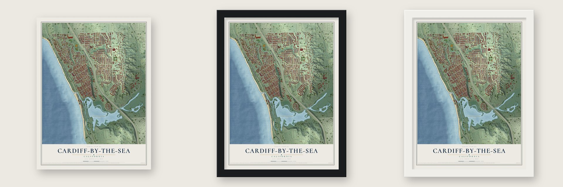 Cardiff-by-the-Sea, California map unframed, in a black wood frame and in a white wood frame