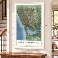 Cardiff-by-the-Sea, California map, 24 x 36 inch print in a white frame by a staircase