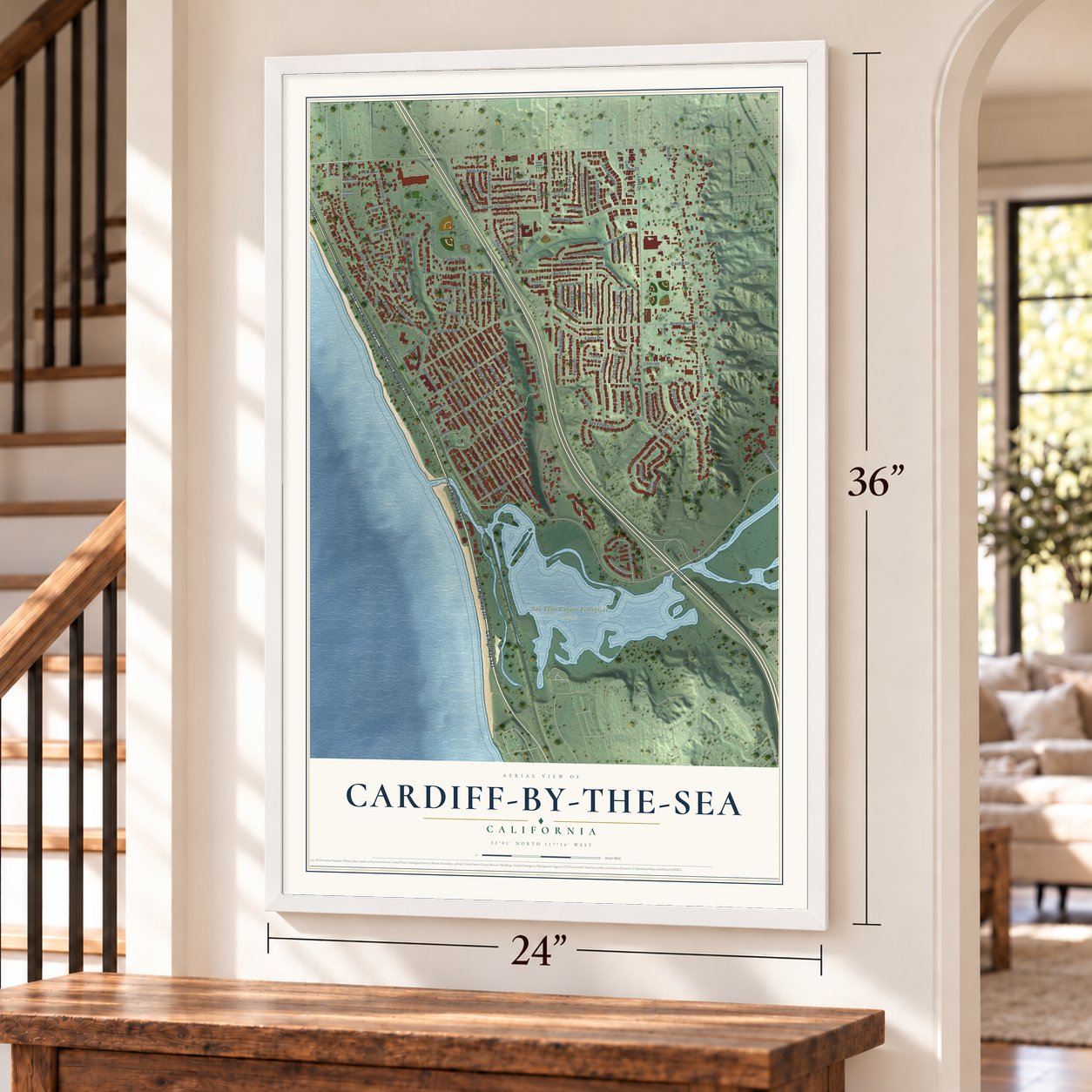 Cardiff-by-the-Sea, California map, 24 x 36 inch print in a white frame by a staircase
