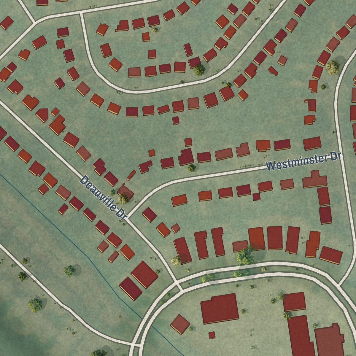 Second close-up of the map of Cardinal Valley, Kentucky print showing more streets and buildings