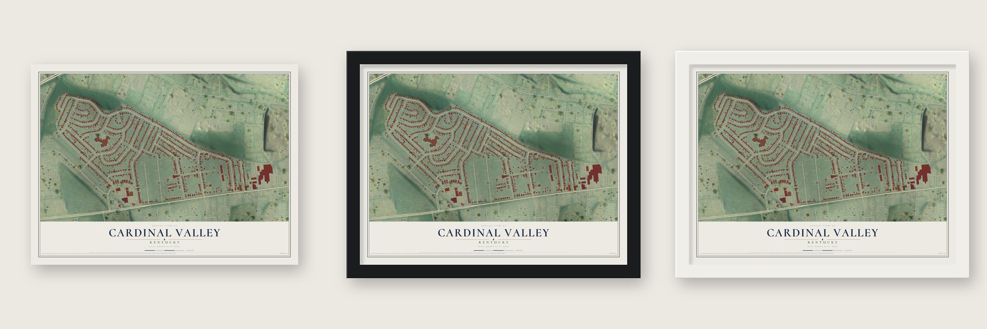 Cardinal Valley, Kentucky map unframed, in a black wood frame and in a white wood frame