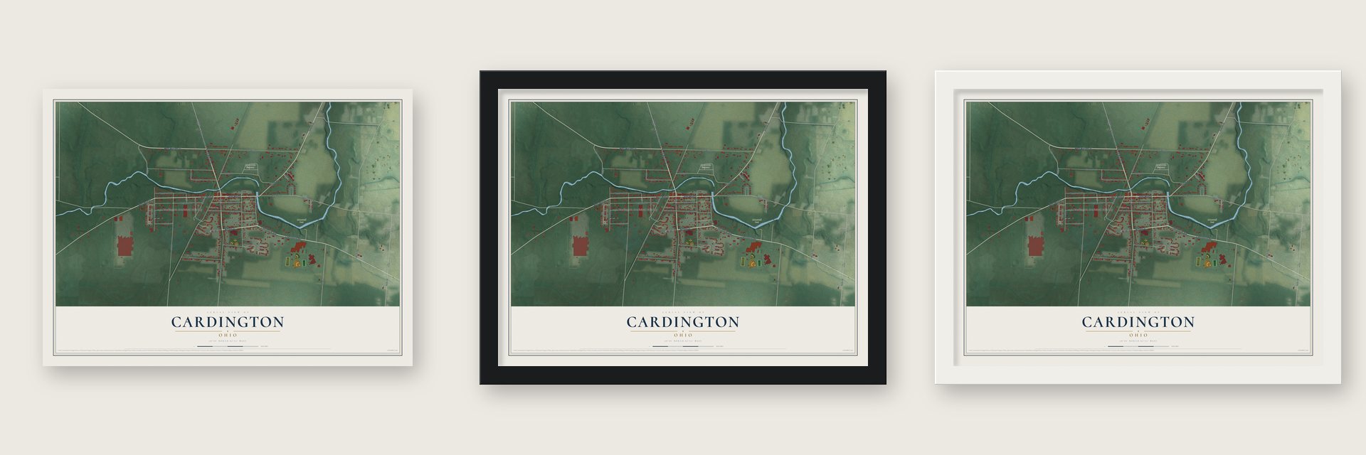 Cardington, Ohio map unframed, in a black wood frame and in a white wood frame
