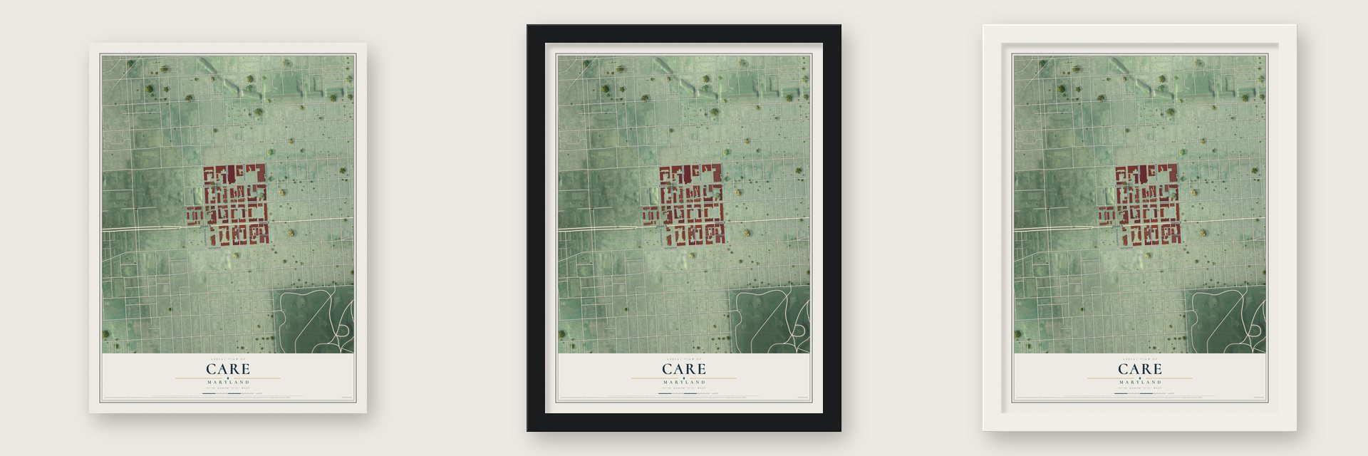 CARE, Maryland map unframed, in a black wood frame and in a white wood frame