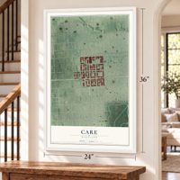 CARE, Maryland map, 24 x 36 inch print in a white frame by a staircase