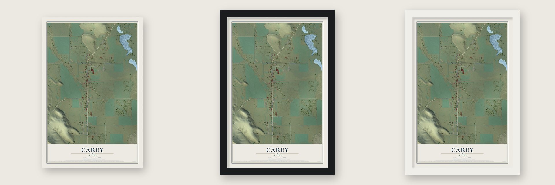 Carey, Idaho map unframed, in a black wood frame and in a white wood frame