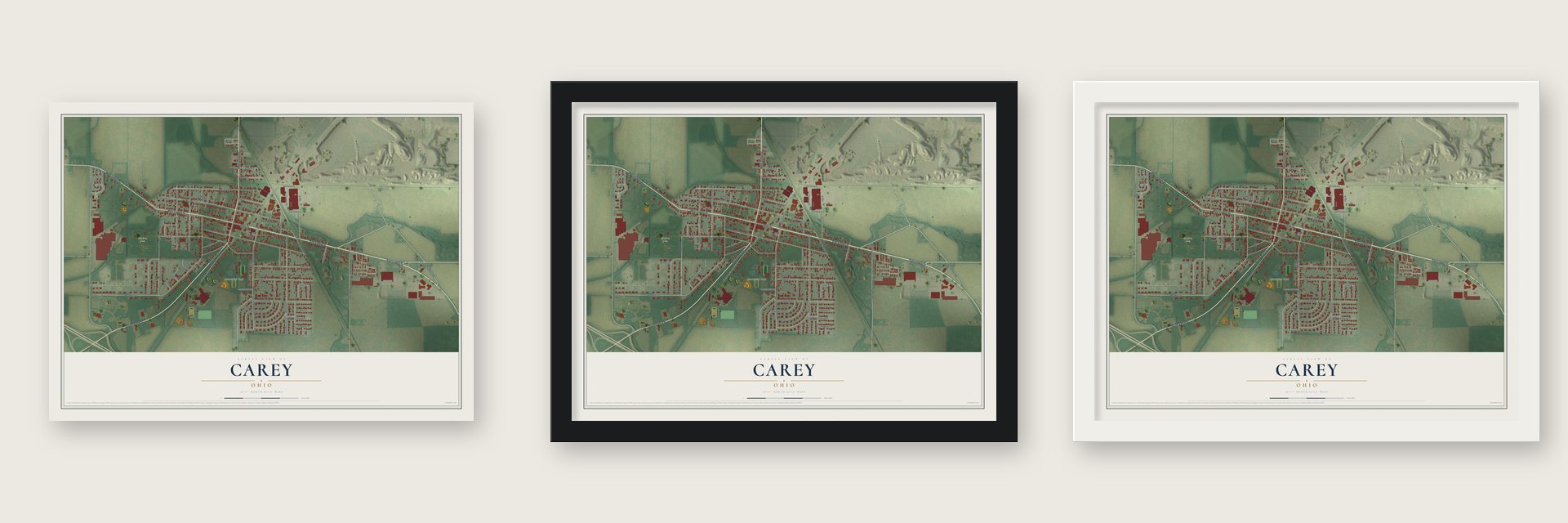 Carey, Ohio map unframed, in a black wood frame and in a white wood frame