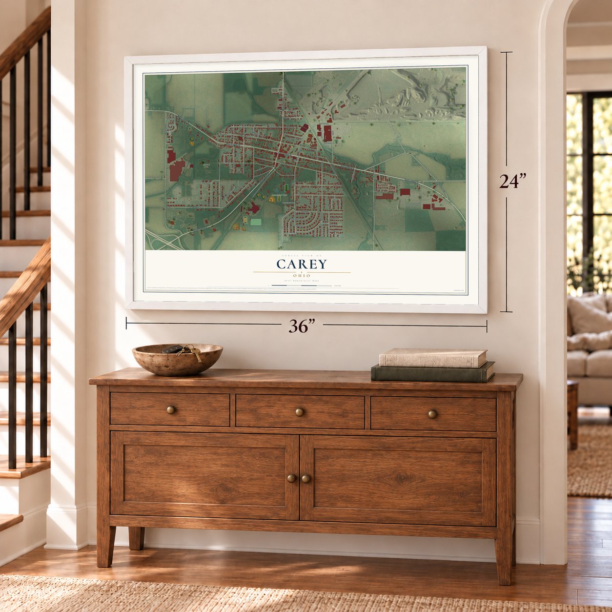 Carey, Ohio map, 24 x 36 inch print in a white frame above a dresser by a staircase
