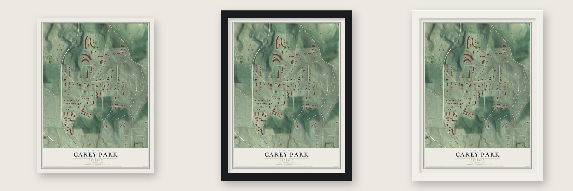 Carey Park, Georgia map unframed, in a black wood frame and in a white wood frame