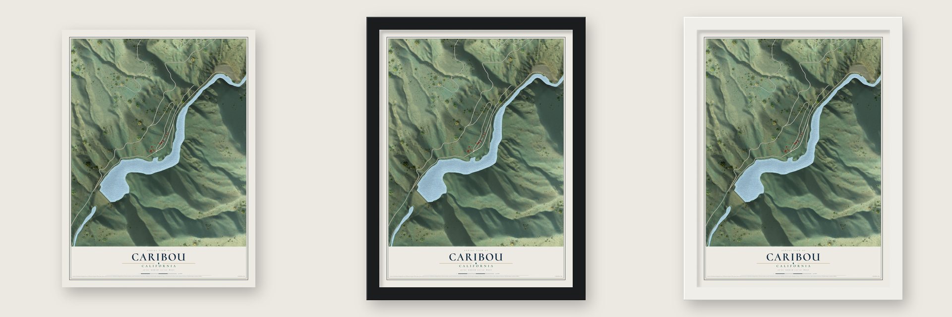 Caribou, California map unframed, in a black wood frame and in a white wood frame