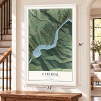 Caribou, California map, 24 x 36 inch print in a white frame by a staircase