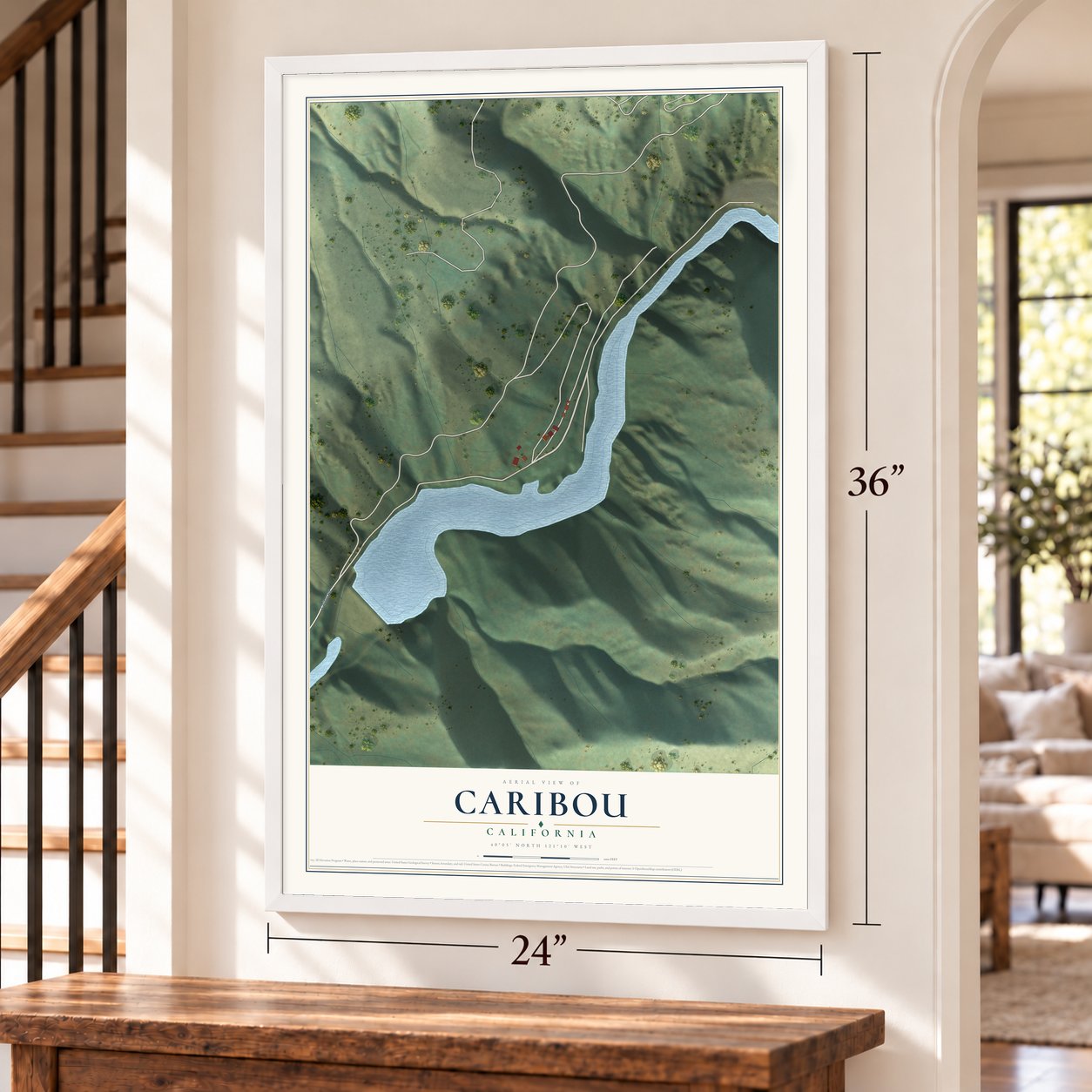 Caribou, California map, 24 x 36 inch print in a white frame by a staircase