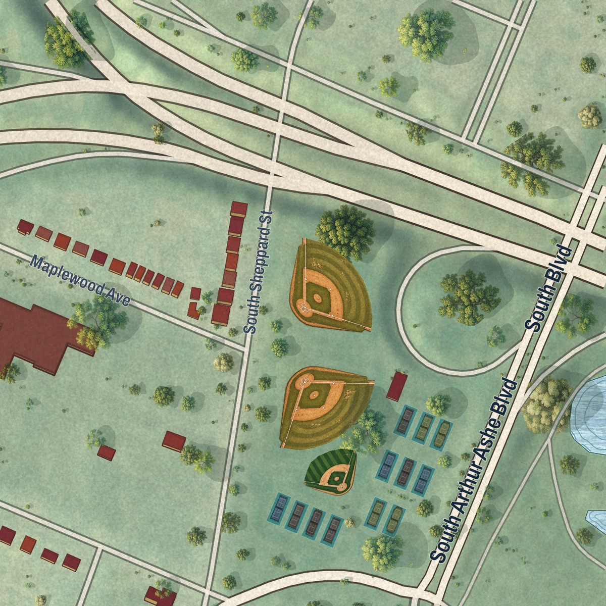 Second close-up of the map of Carillon, Virginia print showing more streets and buildings