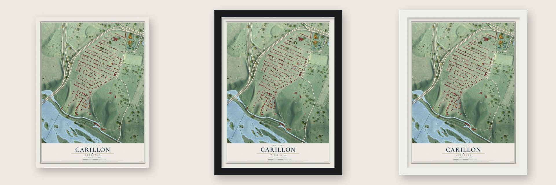 Carillon, Virginia map unframed, in a black wood frame and in a white wood frame