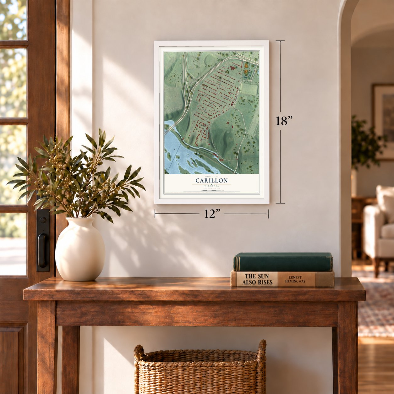 Carillon, Virginia map, 12 x 18 inch print in a white frame in an entryway