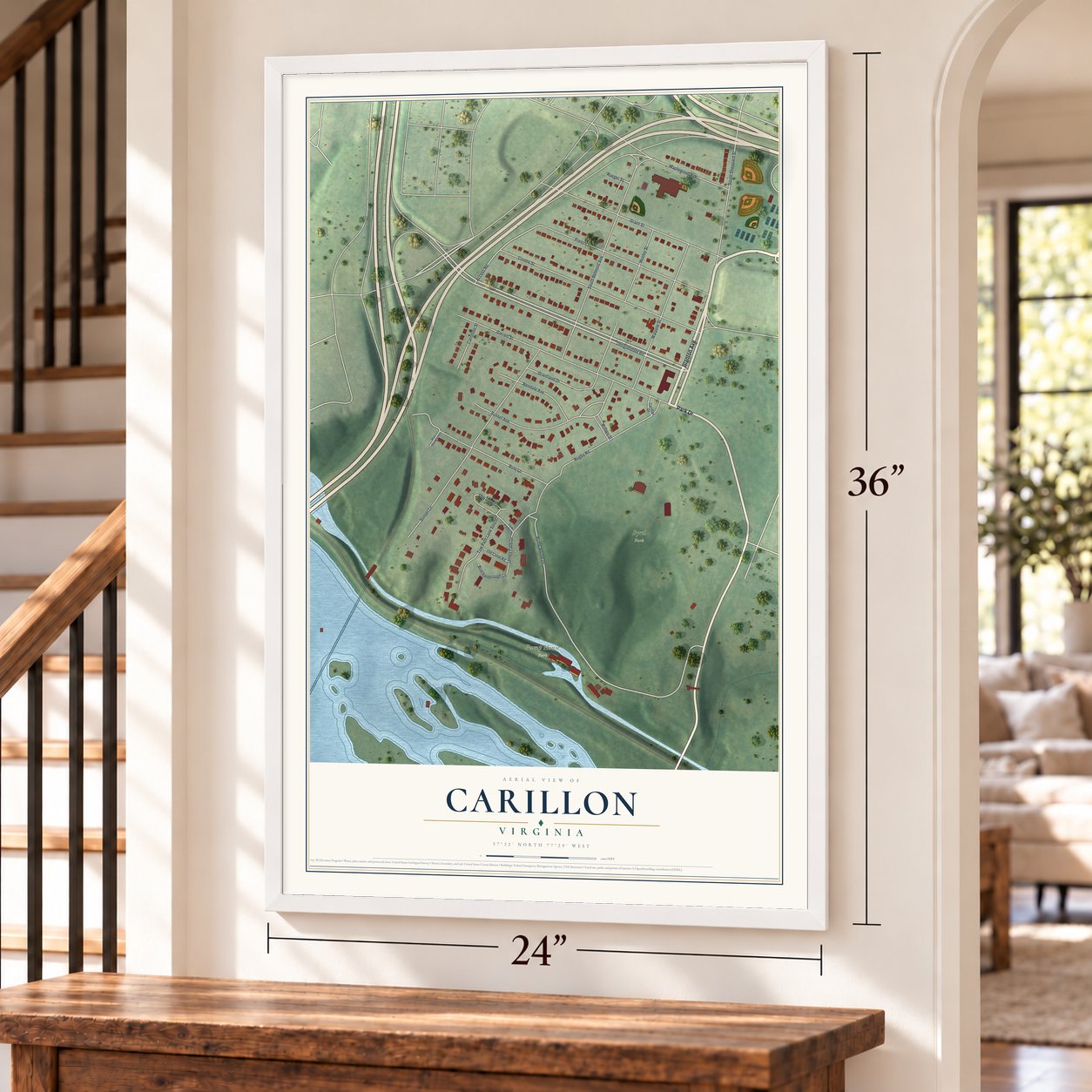 Carillon, Virginia map, 24 x 36 inch print in a white frame by a staircase