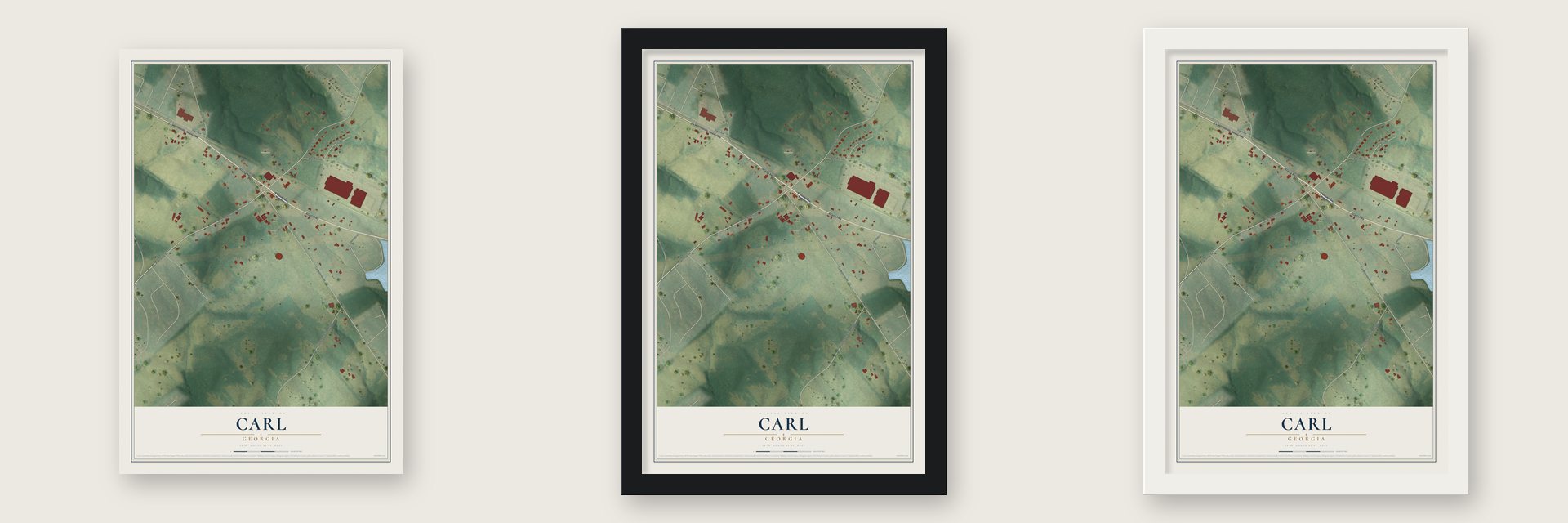 Carl, Georgia map unframed, in a black wood frame and in a white wood frame