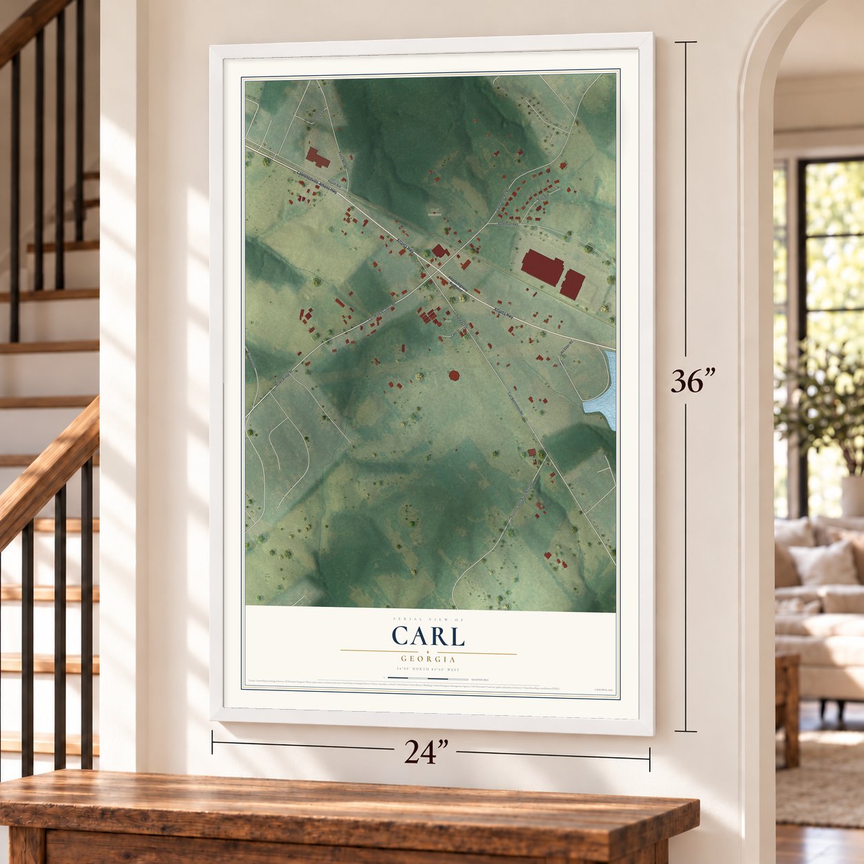 Carl, Georgia map, 24 x 36 inch print in a white frame by a staircase