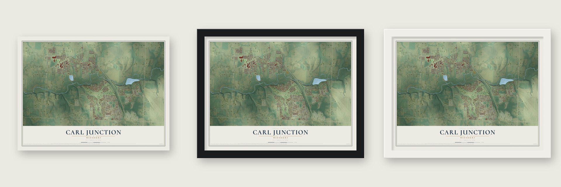 Carl Junction, Missouri map unframed, in a black wood frame and in a white wood frame