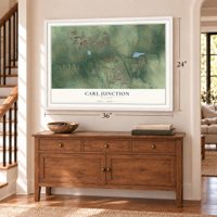 Carl Junction, Missouri map, 24 x 36 inch print in a white frame above a dresser by a staircase