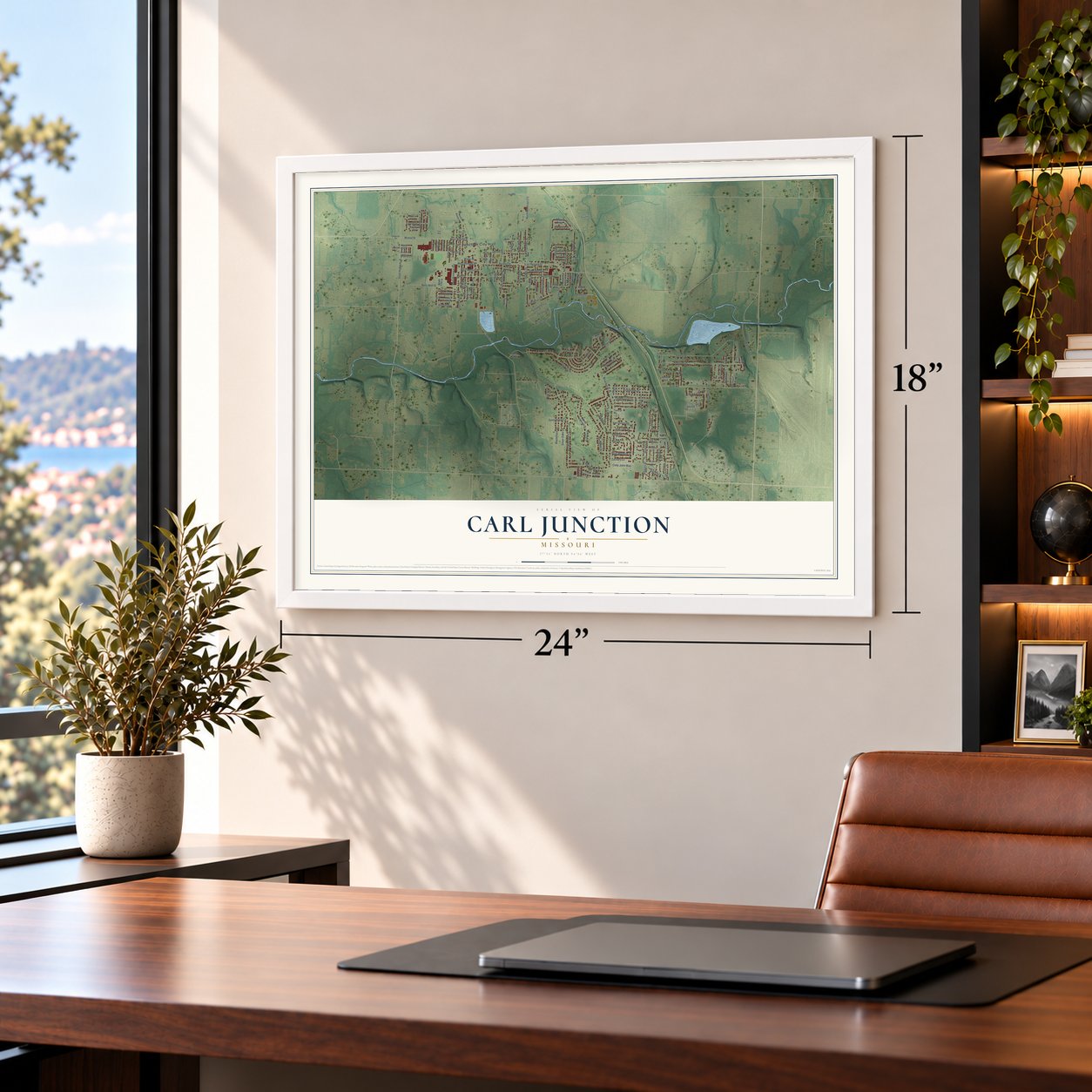 Carl Junction, Missouri map, 18 x 24 inch print in a white frame in a home office