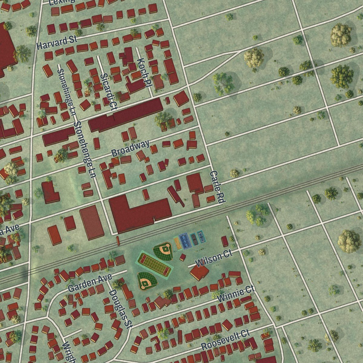 Second close-up of the map of Carle Place, New York print showing more streets and buildings