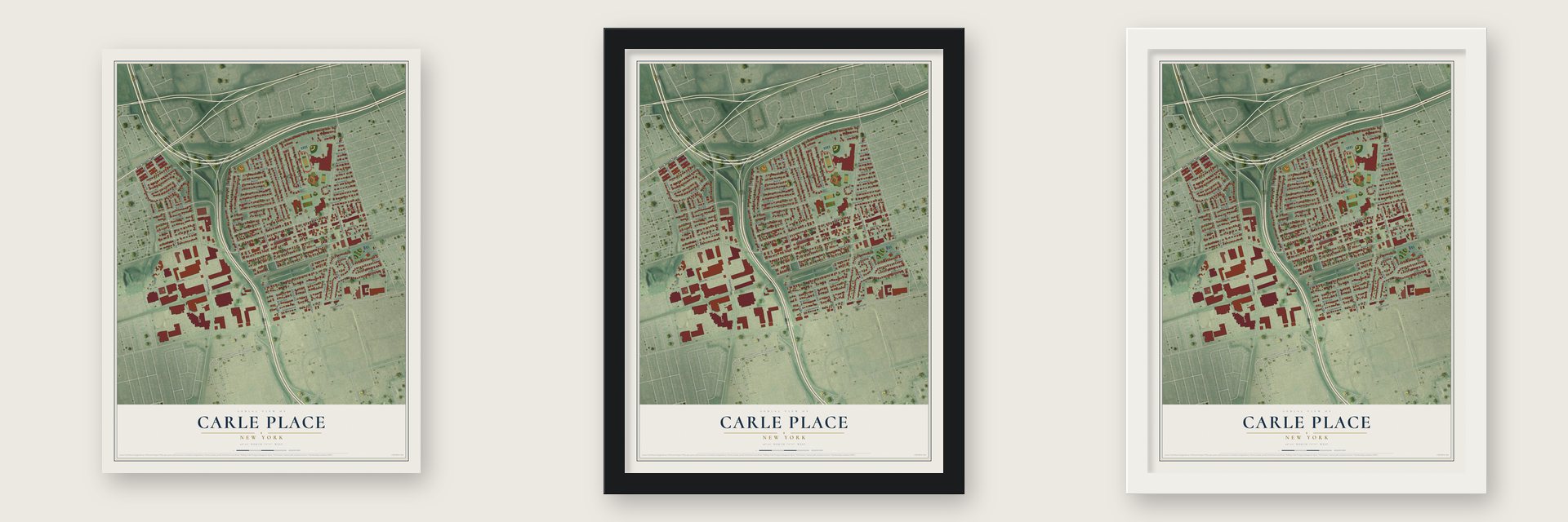 Carle Place, New York map unframed, in a black wood frame and in a white wood frame