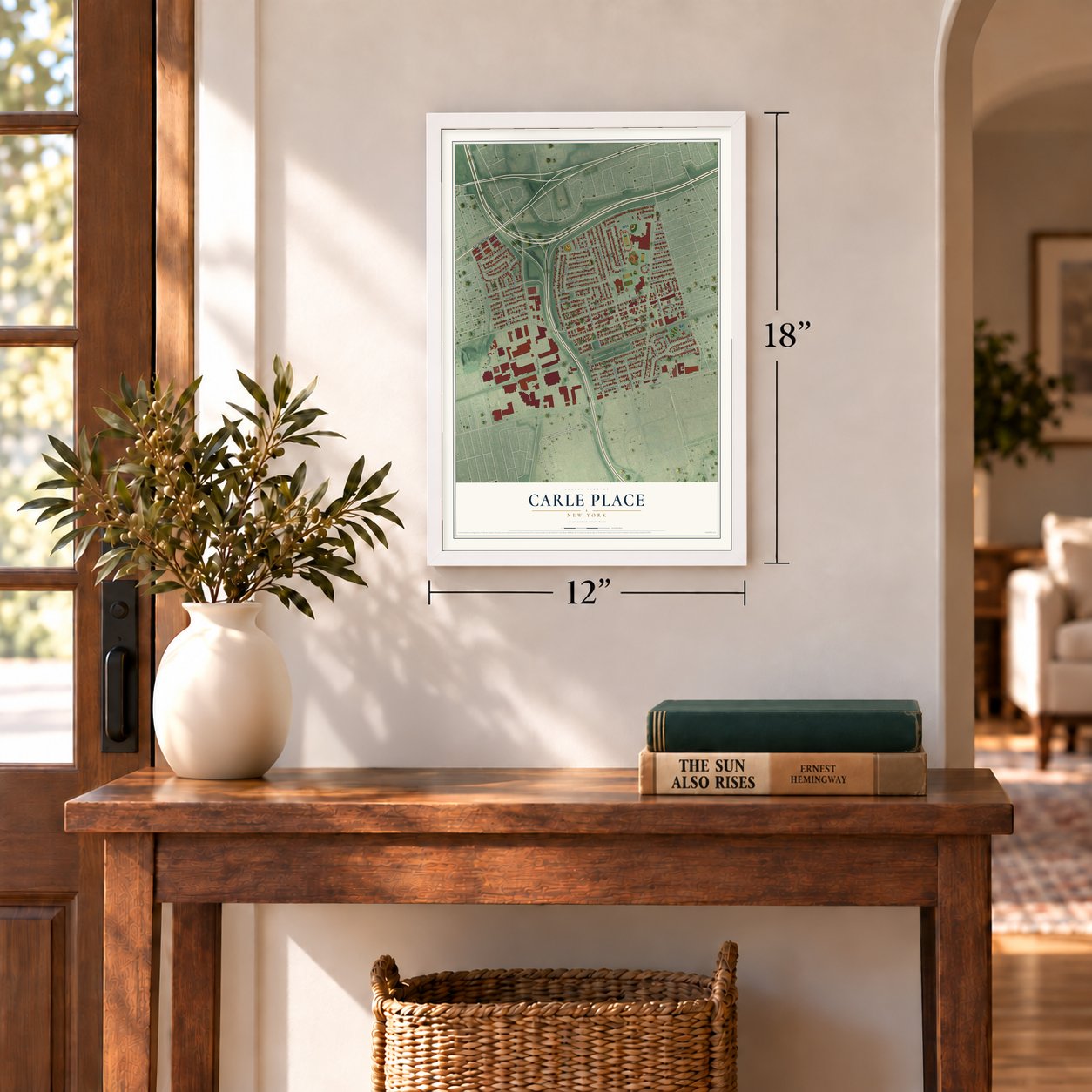 Carle Place, New York map, 12 x 18 inch print in a white frame in an entryway