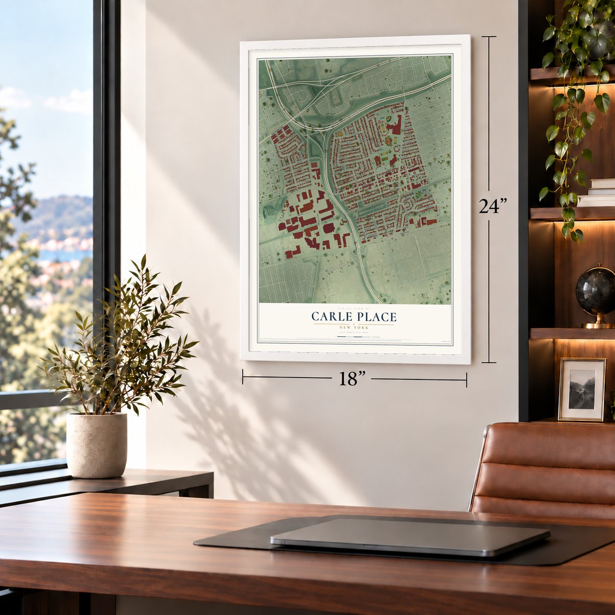 Carle Place, New York map, 18 x 24 inch print in a white frame in a home office
