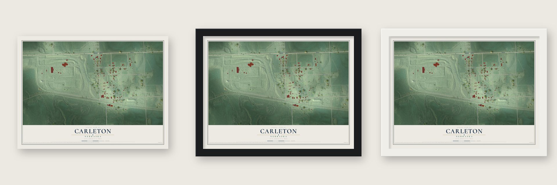 Carleton, Nebraska map unframed, in a black wood frame and in a white wood frame